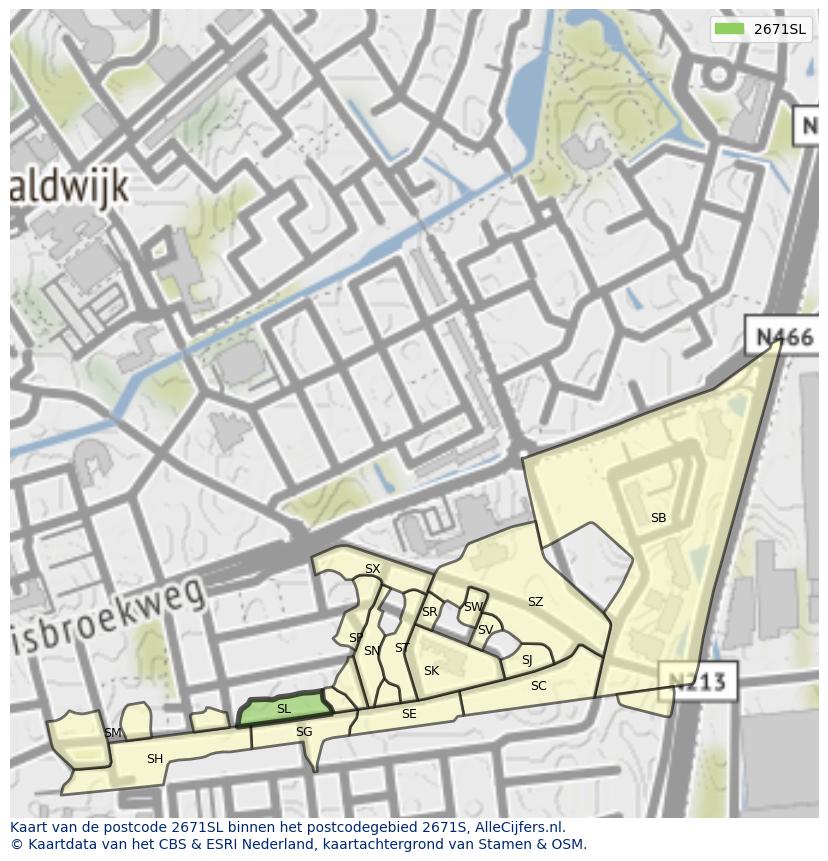 Afbeelding van het postcodegebied 2671 SL op de kaart.