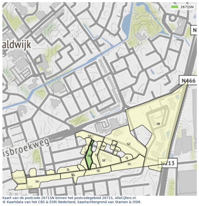 Afbeelding van het postcodegebied 2671 SN op de kaart.