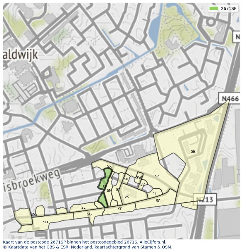 Afbeelding van het postcodegebied 2671 SP op de kaart.