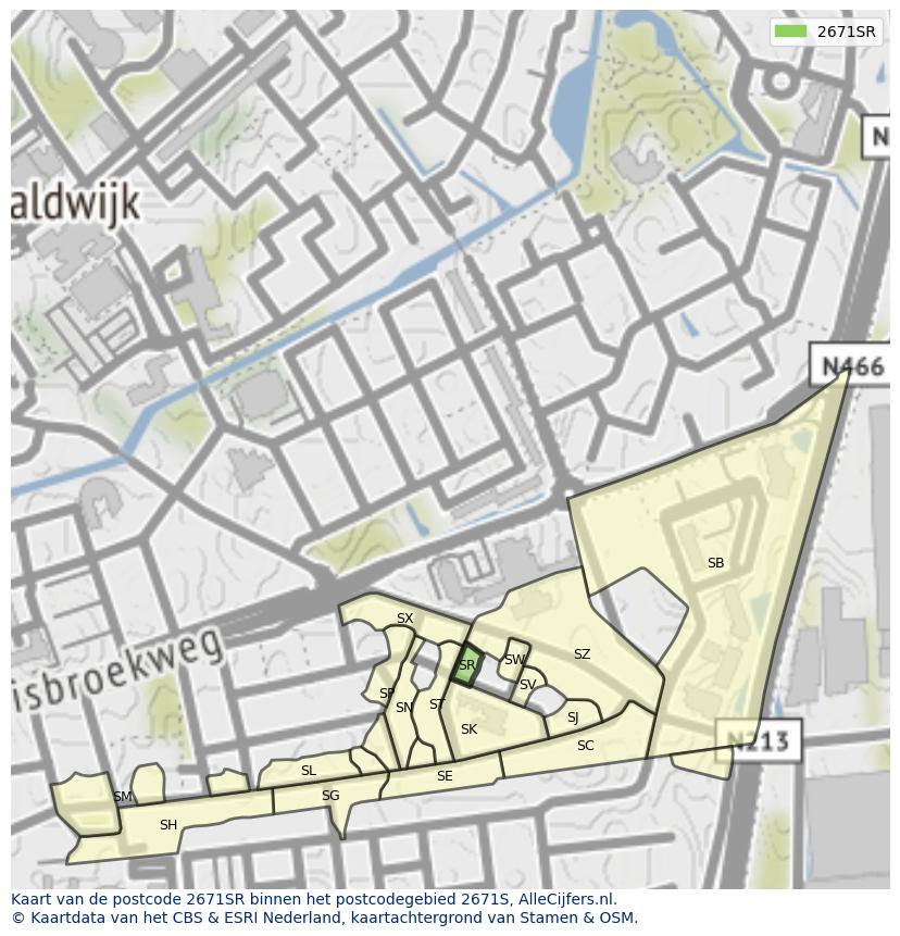 Afbeelding van het postcodegebied 2671 SR op de kaart.