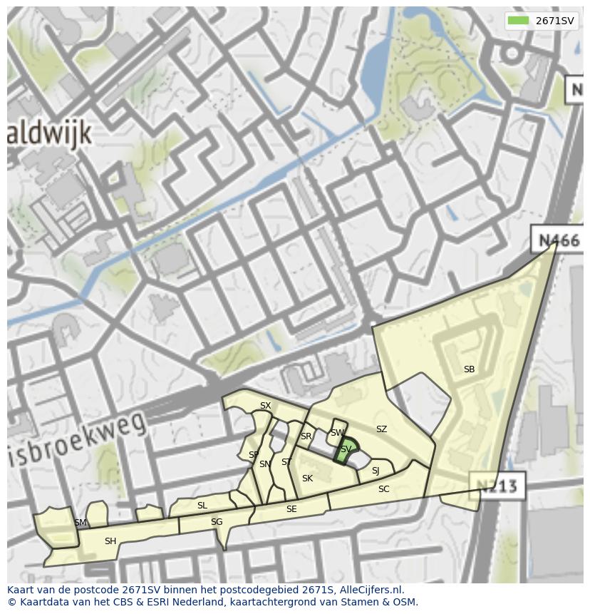 Afbeelding van het postcodegebied 2671 SV op de kaart.