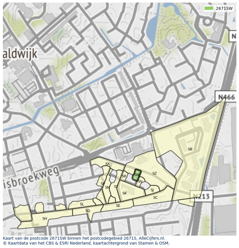 Afbeelding van het postcodegebied 2671 SW op de kaart.