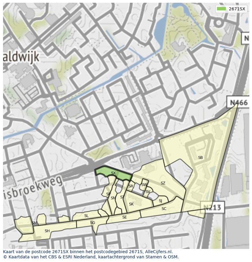Afbeelding van het postcodegebied 2671 SX op de kaart.