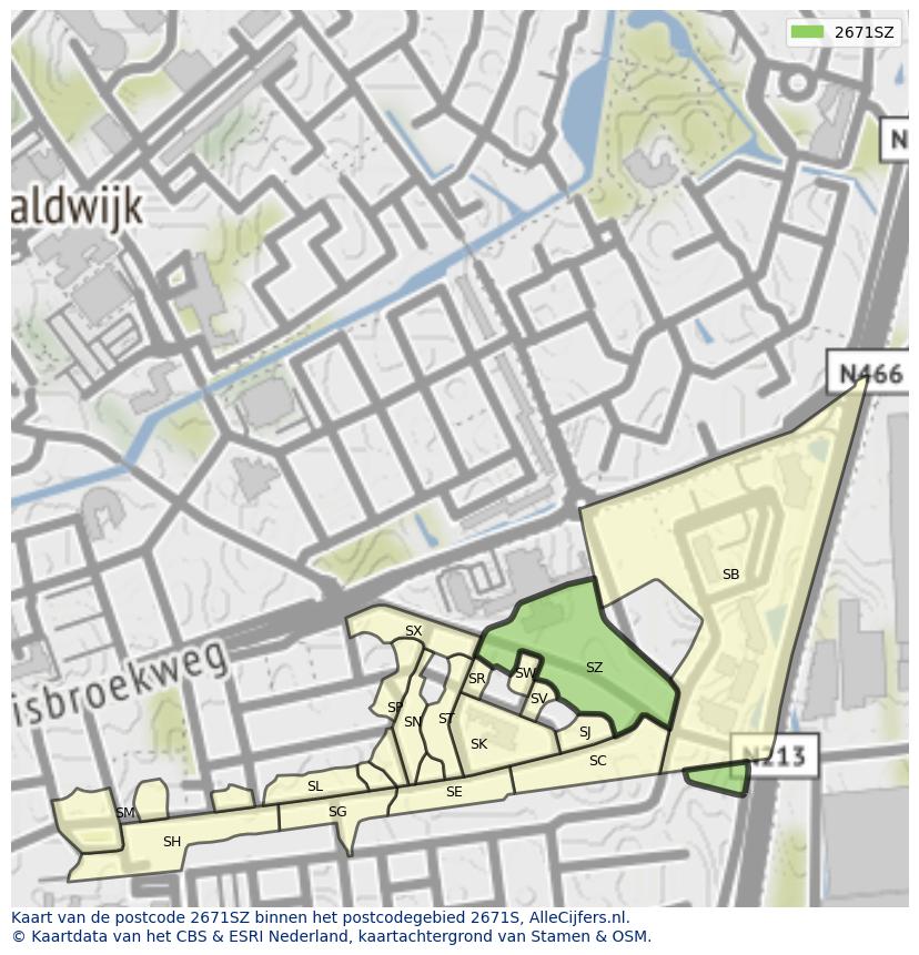 Afbeelding van het postcodegebied 2671 SZ op de kaart.