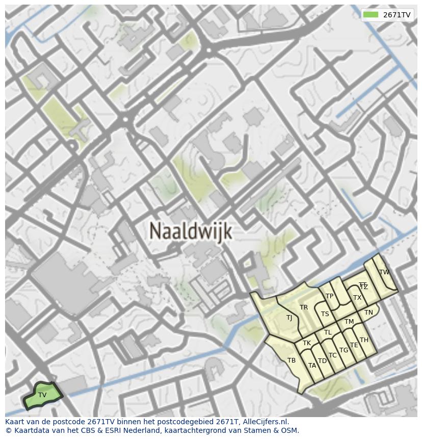 Afbeelding van het postcodegebied 2671 TV op de kaart.