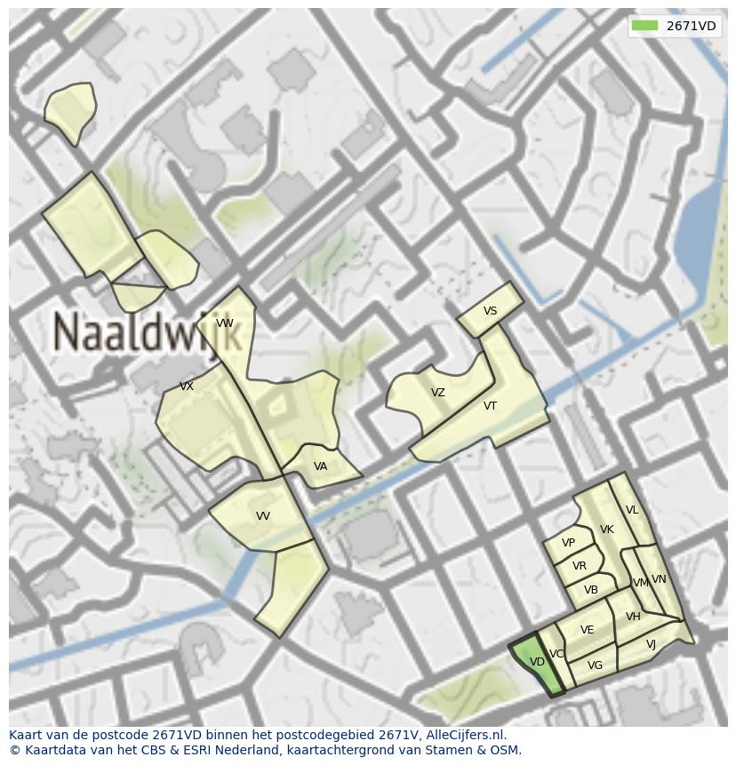 Afbeelding van het postcodegebied 2671 VD op de kaart.