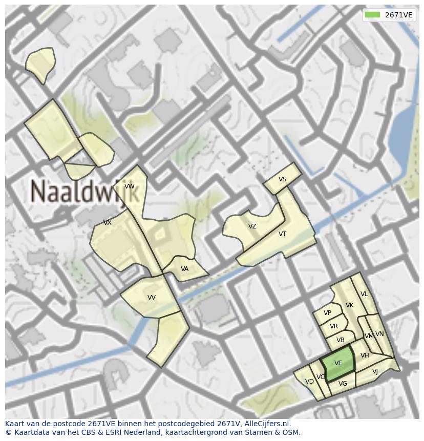 Afbeelding van het postcodegebied 2671 VE op de kaart.