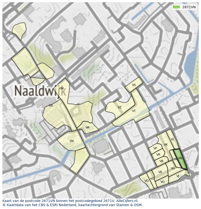 Afbeelding van het postcodegebied 2671 VN op de kaart.