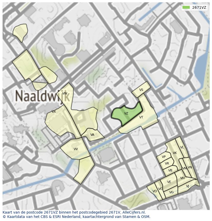 Afbeelding van het postcodegebied 2671 VZ op de kaart.