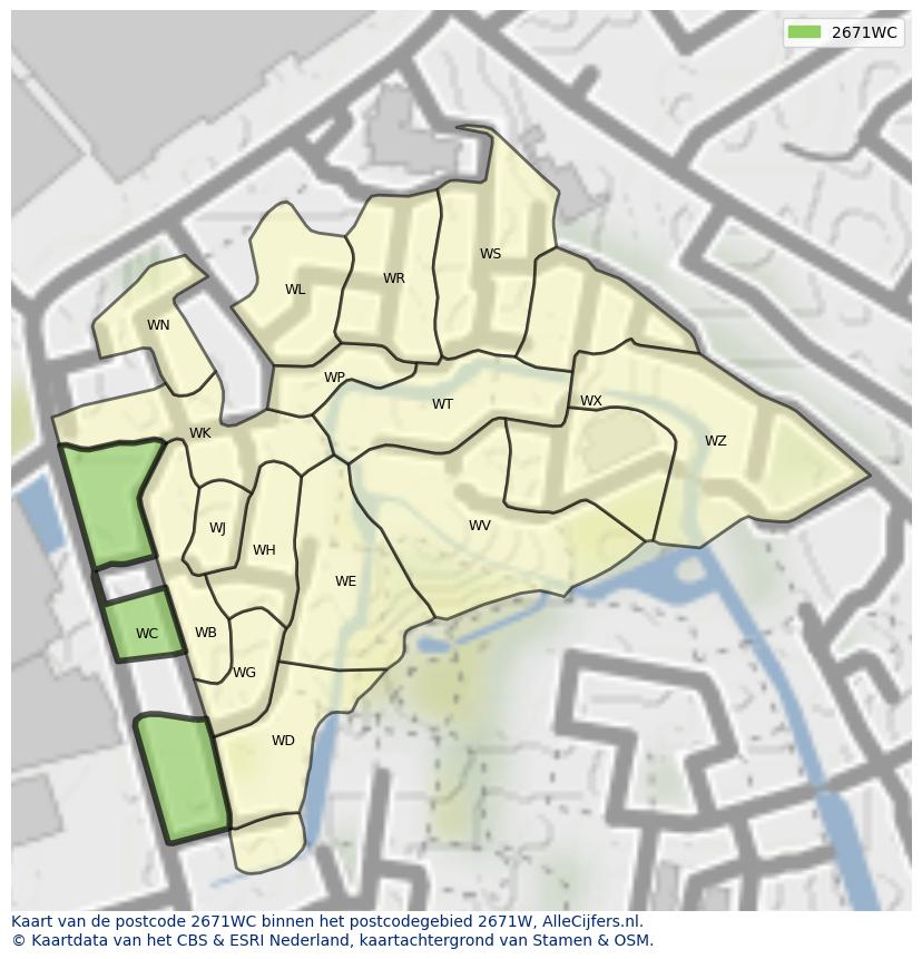 Afbeelding van het postcodegebied 2671 WC op de kaart.