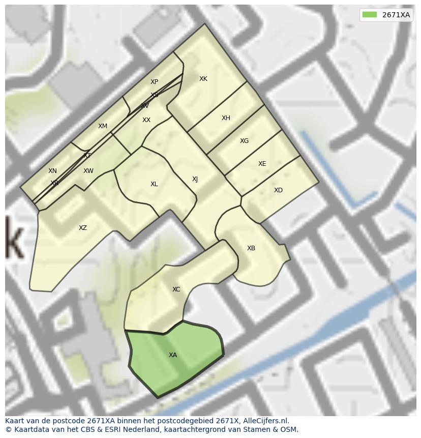 Afbeelding van het postcodegebied 2671 XA op de kaart.