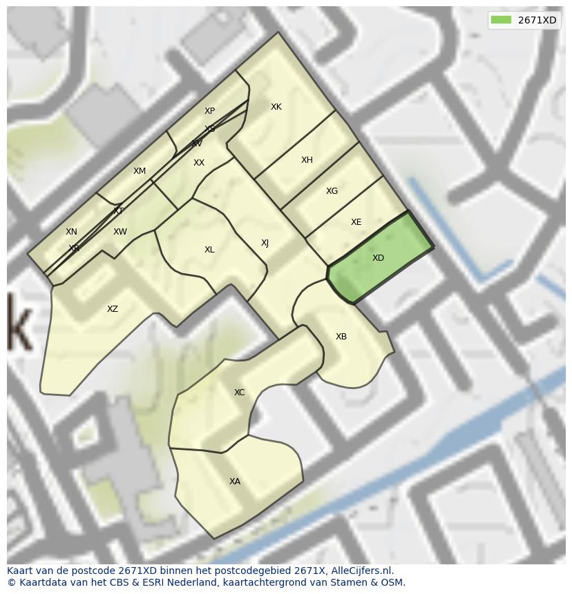 Afbeelding van het postcodegebied 2671 XD op de kaart.