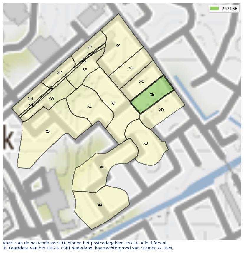 Afbeelding van het postcodegebied 2671 XE op de kaart.