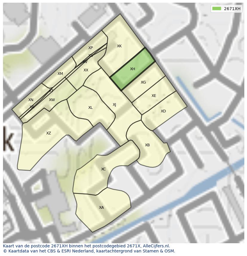 Afbeelding van het postcodegebied 2671 XH op de kaart.
