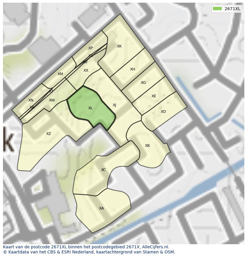 Afbeelding van het postcodegebied 2671 XL op de kaart.
