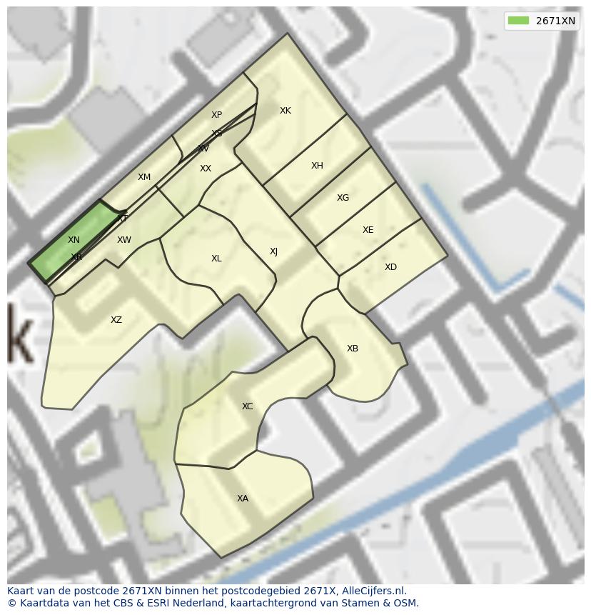 Afbeelding van het postcodegebied 2671 XN op de kaart.