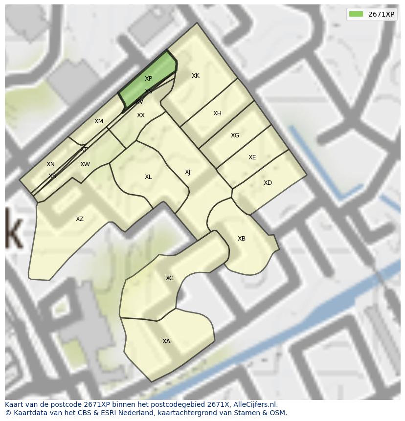 Afbeelding van het postcodegebied 2671 XP op de kaart.