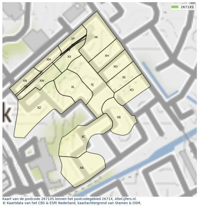 Afbeelding van het postcodegebied 2671 XS op de kaart.