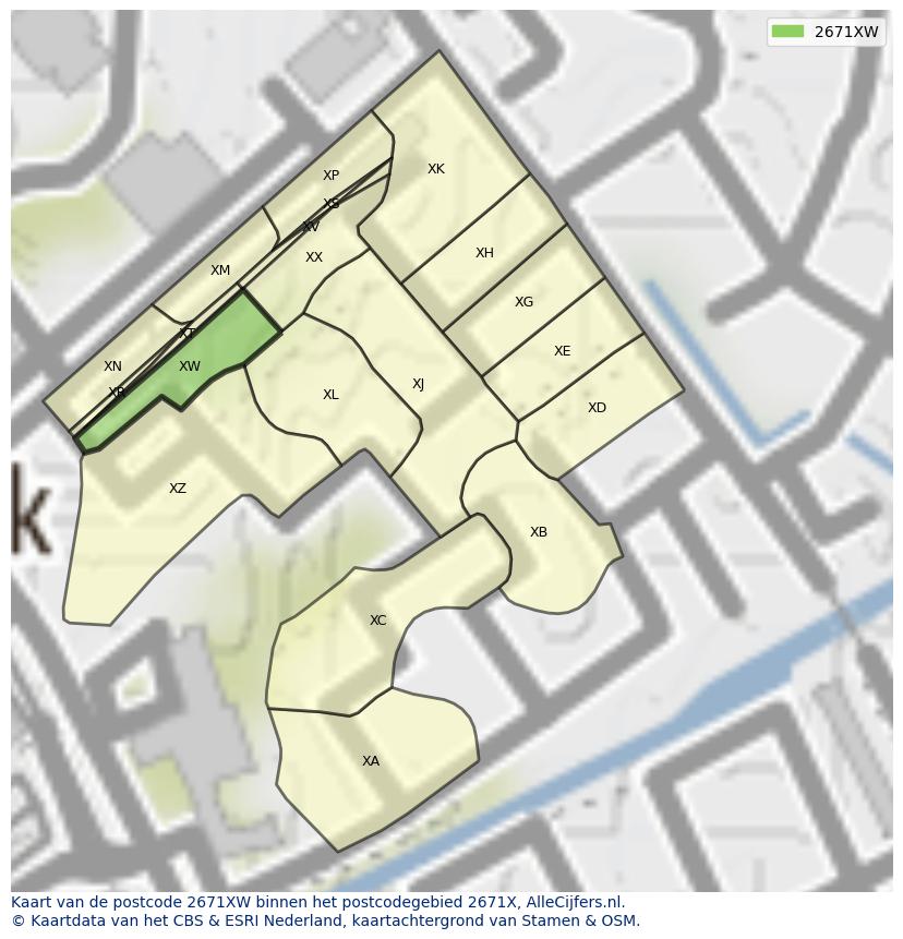 Afbeelding van het postcodegebied 2671 XW op de kaart.