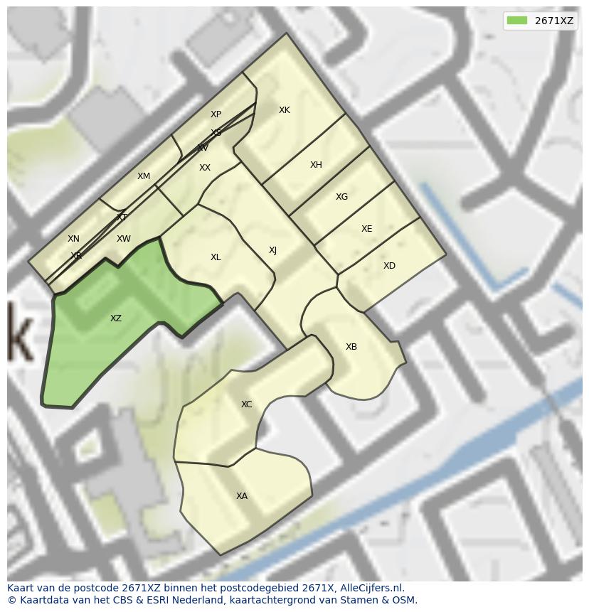 Afbeelding van het postcodegebied 2671 XZ op de kaart.