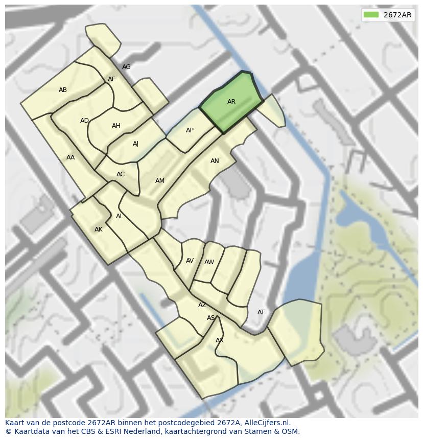 Afbeelding van het postcodegebied 2672 AR op de kaart.
