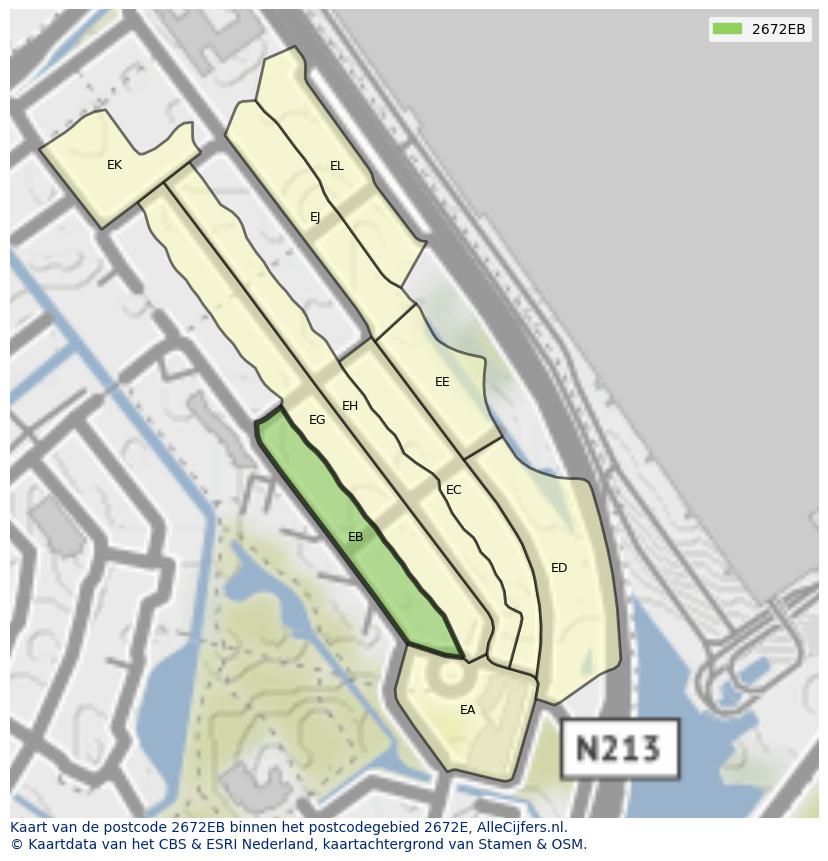 Afbeelding van het postcodegebied 2672 EB op de kaart.