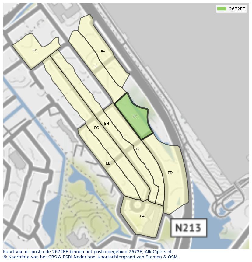 Afbeelding van het postcodegebied 2672 EE op de kaart.