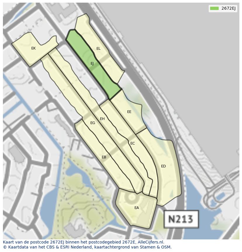 Afbeelding van het postcodegebied 2672 EJ op de kaart.