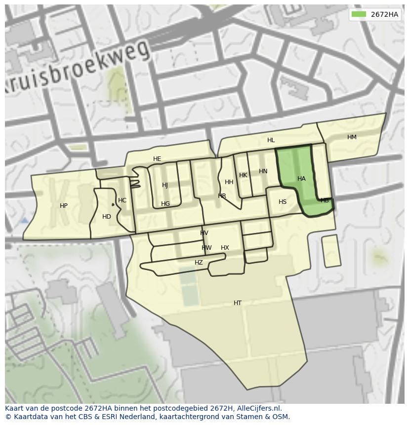 Afbeelding van het postcodegebied 2672 HA op de kaart.