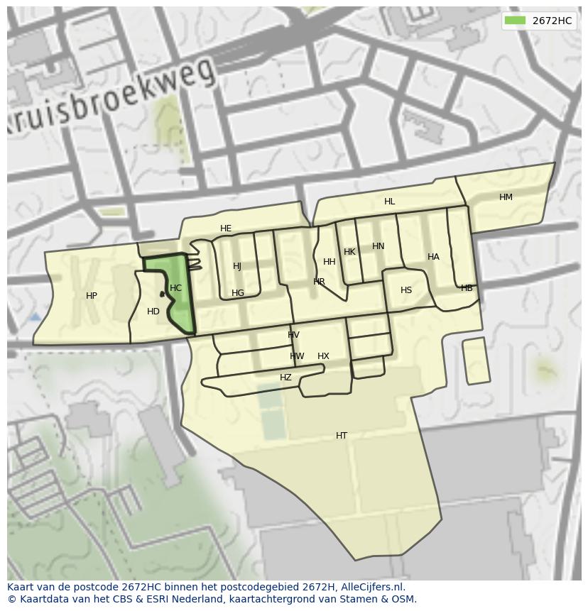 Afbeelding van het postcodegebied 2672 HC op de kaart.