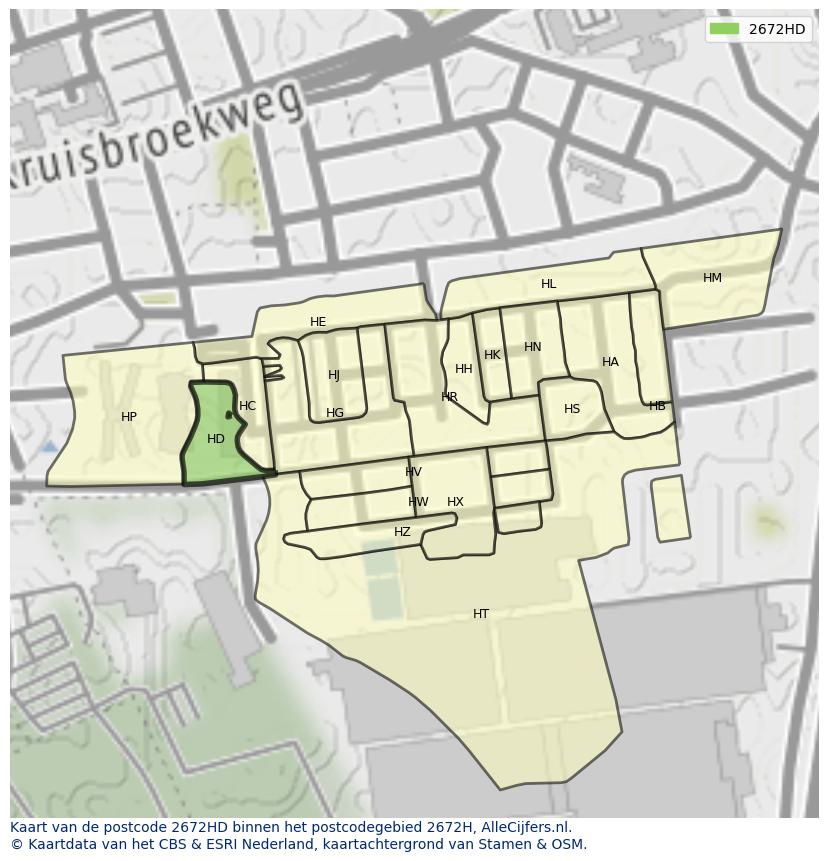 Afbeelding van het postcodegebied 2672 HD op de kaart.