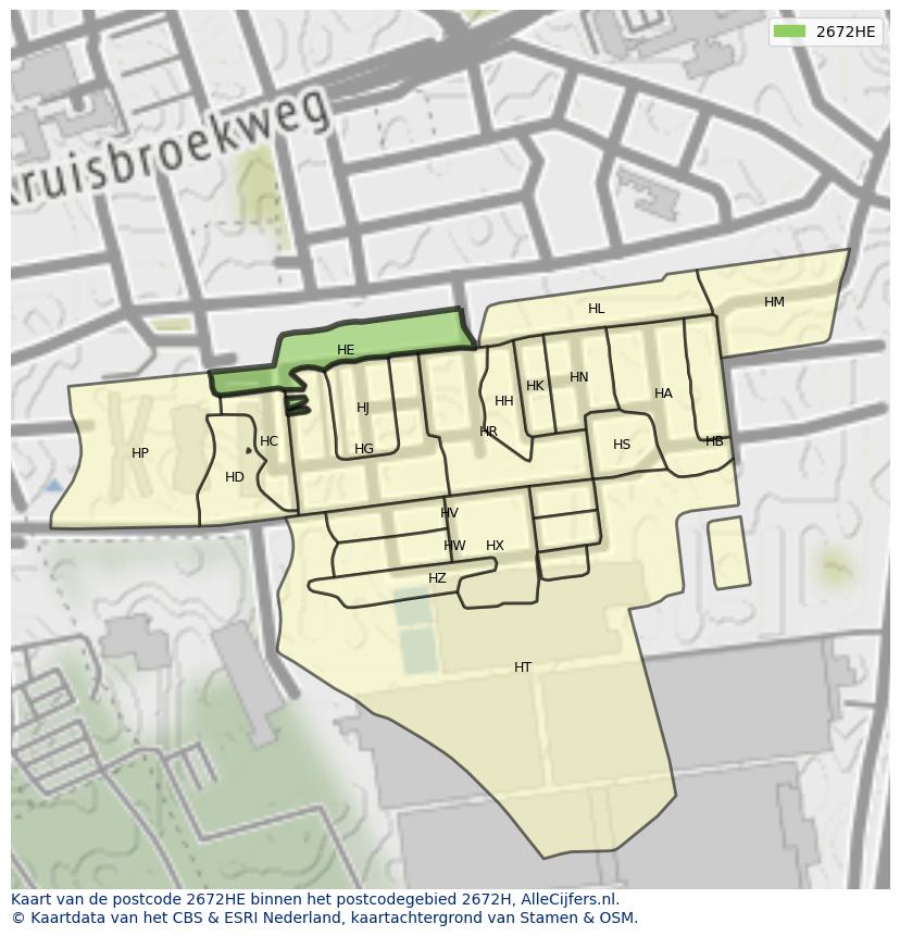 Afbeelding van het postcodegebied 2672 HE op de kaart.