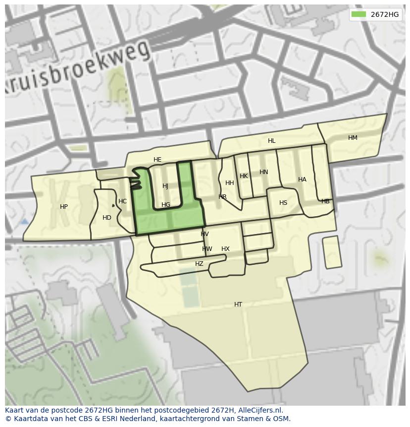Afbeelding van het postcodegebied 2672 HG op de kaart.