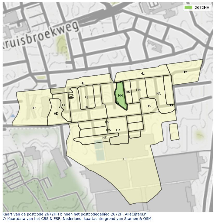 Afbeelding van het postcodegebied 2672 HH op de kaart.
