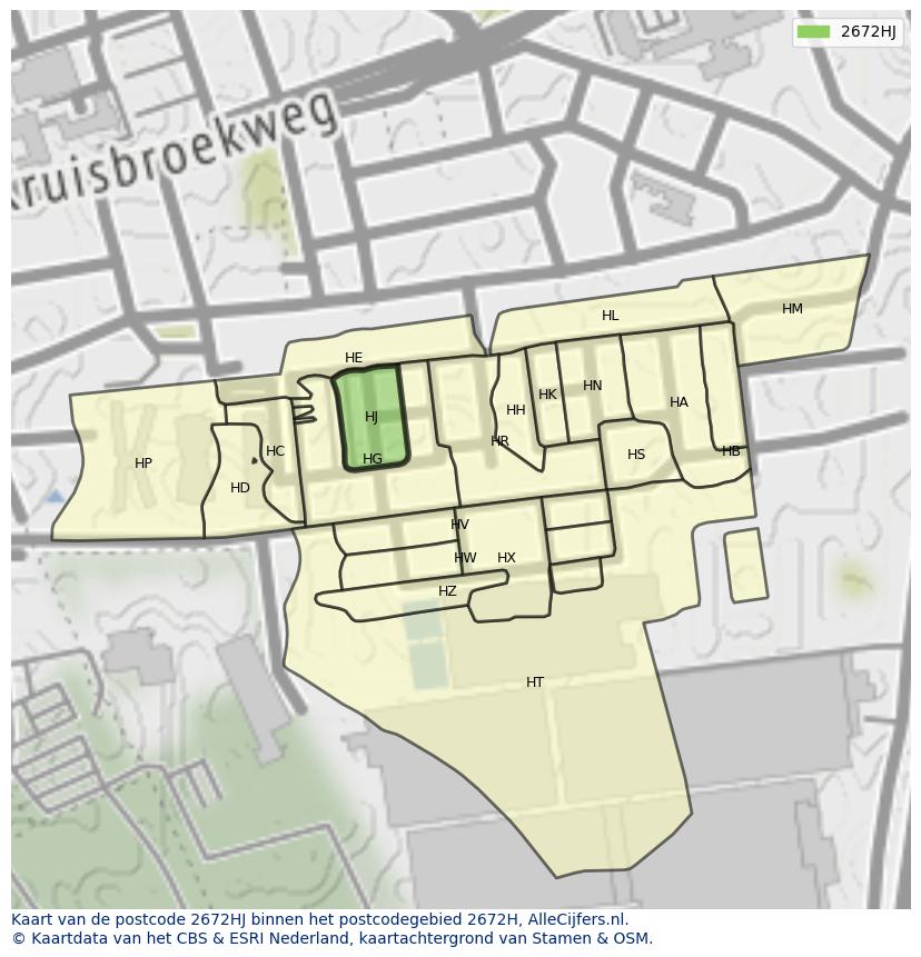 Afbeelding van het postcodegebied 2672 HJ op de kaart.