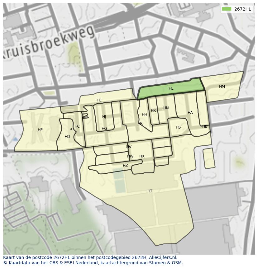 Afbeelding van het postcodegebied 2672 HL op de kaart.