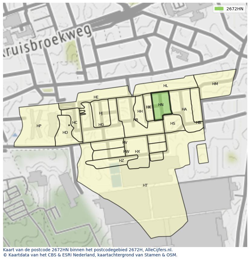 Afbeelding van het postcodegebied 2672 HN op de kaart.