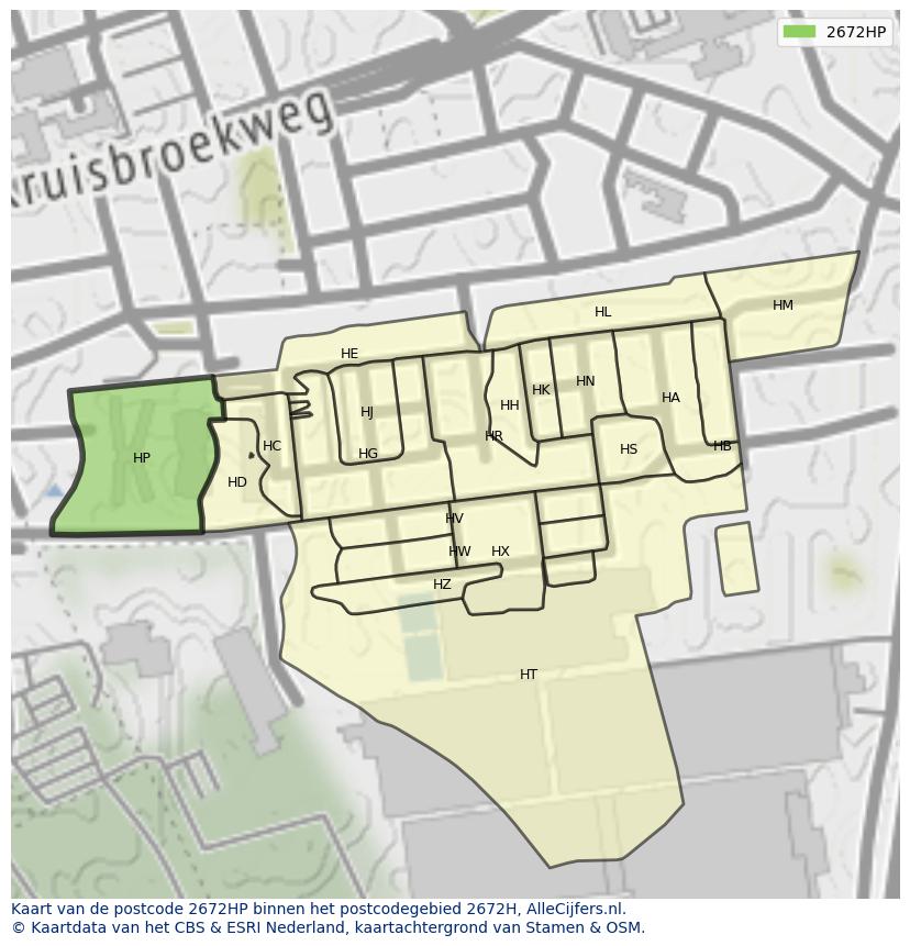 Afbeelding van het postcodegebied 2672 HP op de kaart.