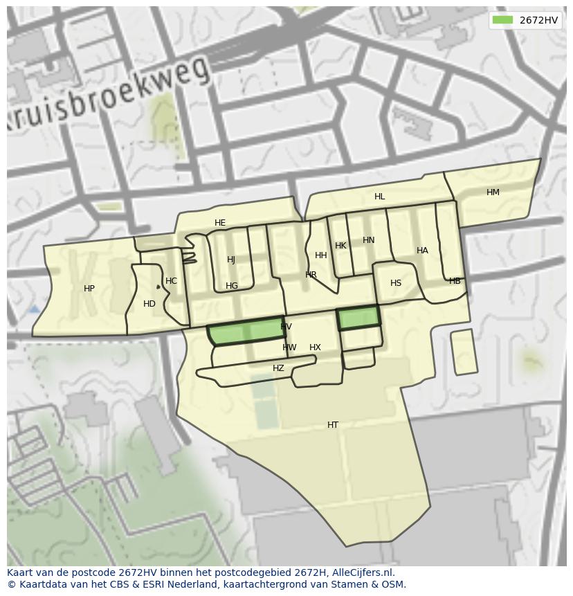 Afbeelding van het postcodegebied 2672 HV op de kaart.