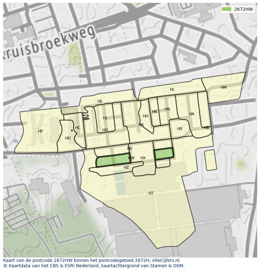 Afbeelding van het postcodegebied 2672 HW op de kaart.