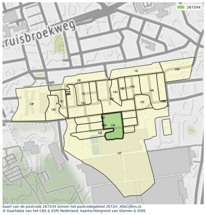 Afbeelding van het postcodegebied 2672 HX op de kaart.