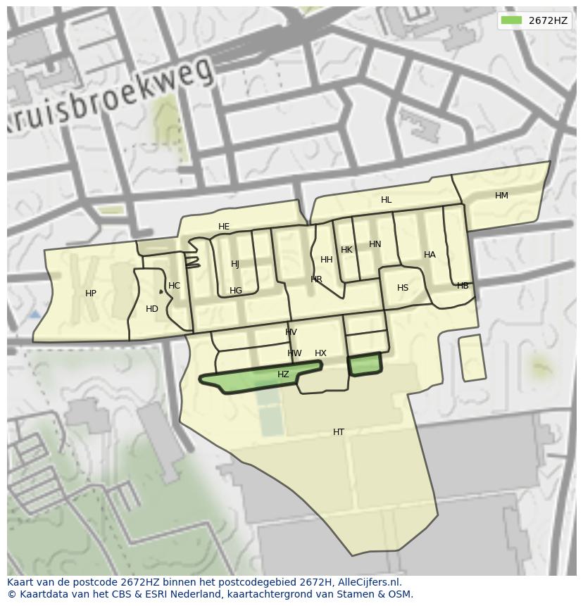 Afbeelding van het postcodegebied 2672 HZ op de kaart.
