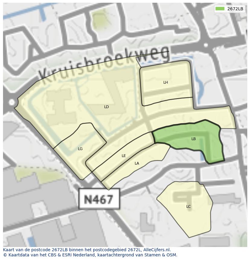Afbeelding van het postcodegebied 2672 LB op de kaart.