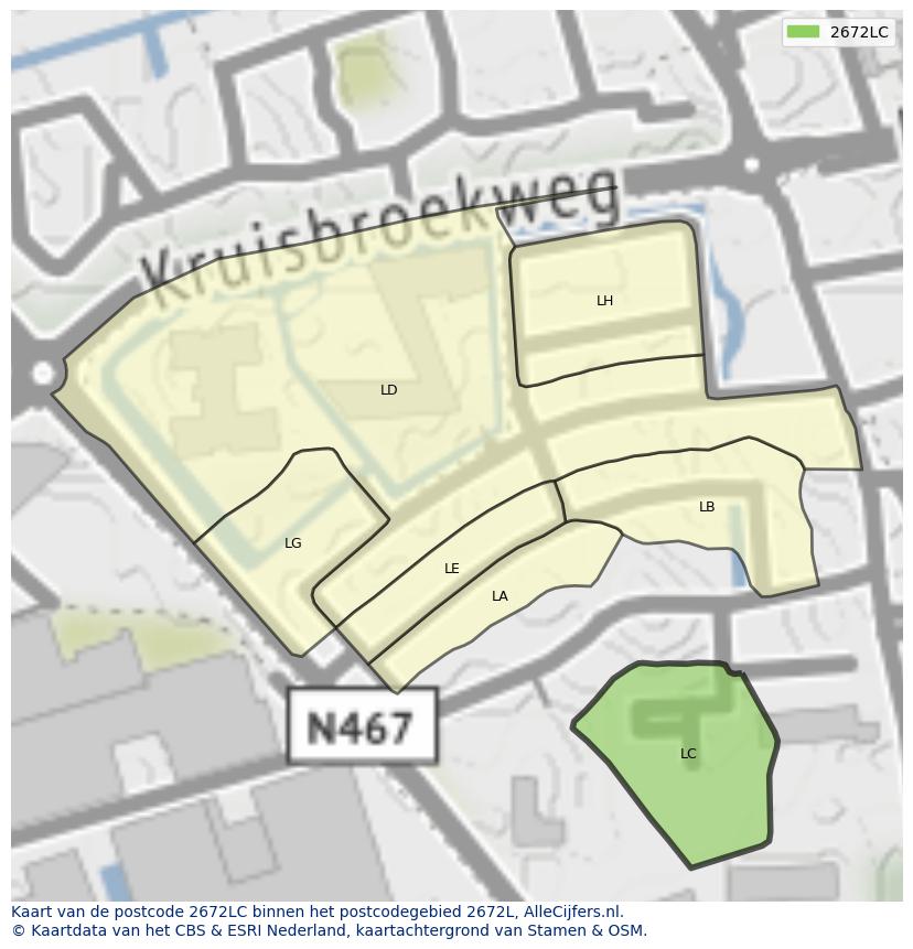 Afbeelding van het postcodegebied 2672 LC op de kaart.