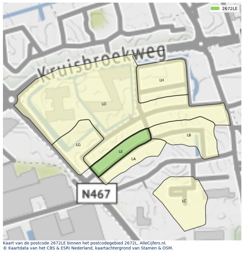 Afbeelding van het postcodegebied 2672 LE op de kaart.