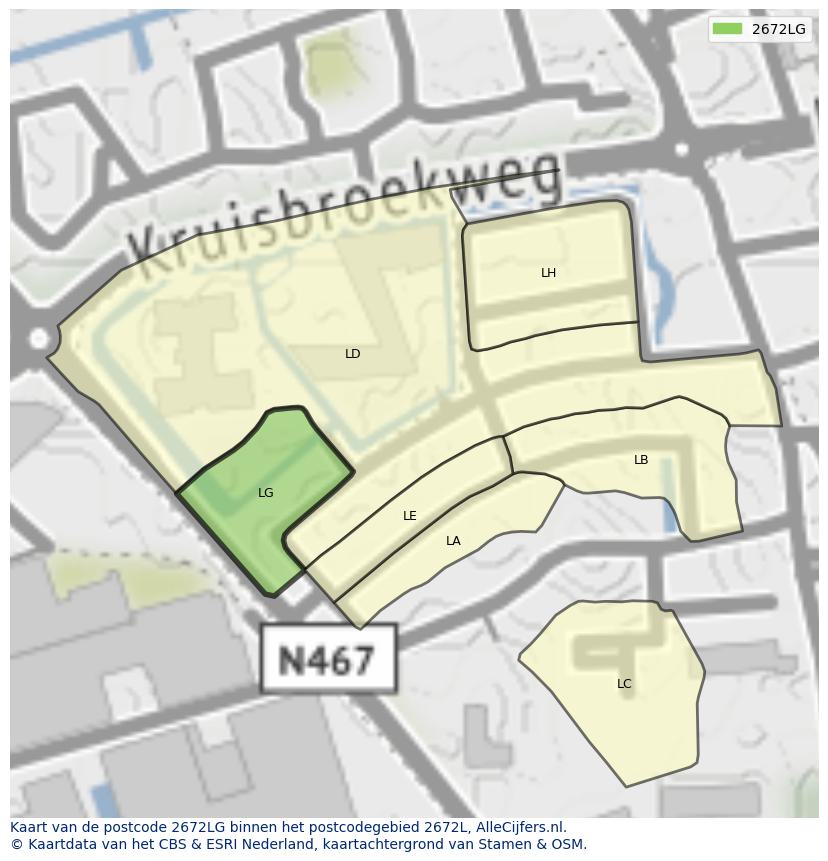 Afbeelding van het postcodegebied 2672 LG op de kaart.