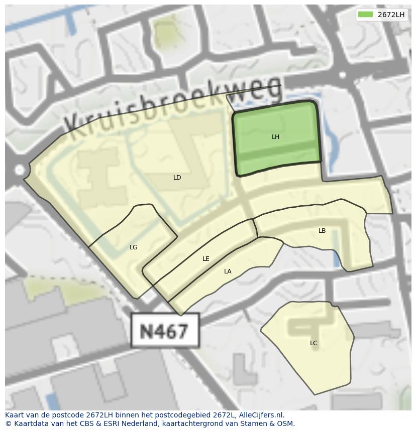 Afbeelding van het postcodegebied 2672 LH op de kaart.