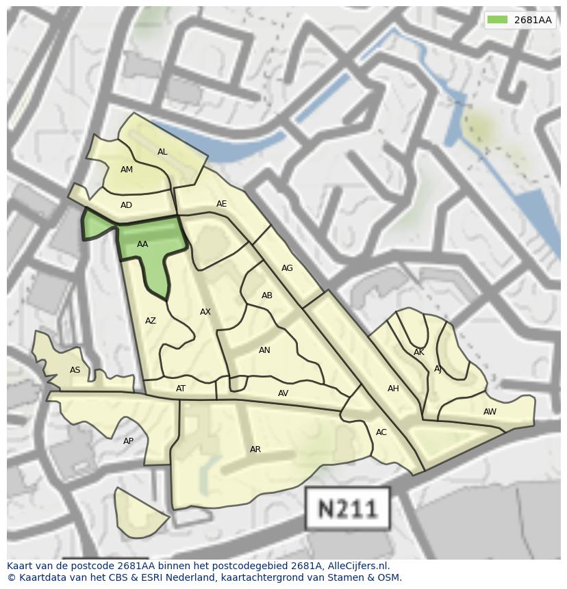 Afbeelding van het postcodegebied 2681 AA op de kaart.