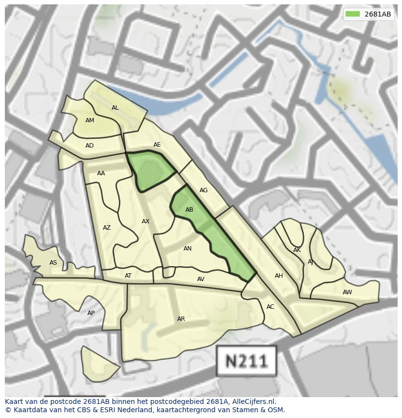 Afbeelding van het postcodegebied 2681 AB op de kaart.