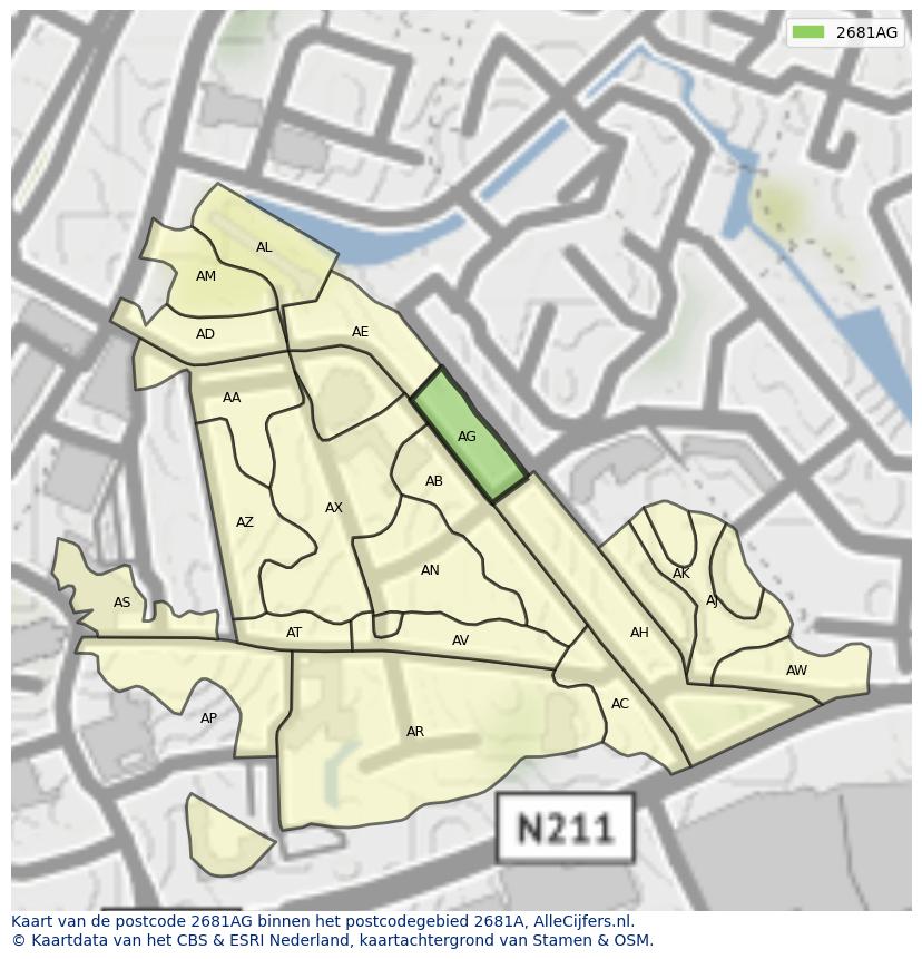 Afbeelding van het postcodegebied 2681 AG op de kaart.